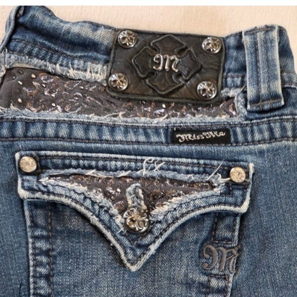 Miss Me Women 30 Blue Bootcut Sequin Distressed Flap Pocket Jeans Western Bling